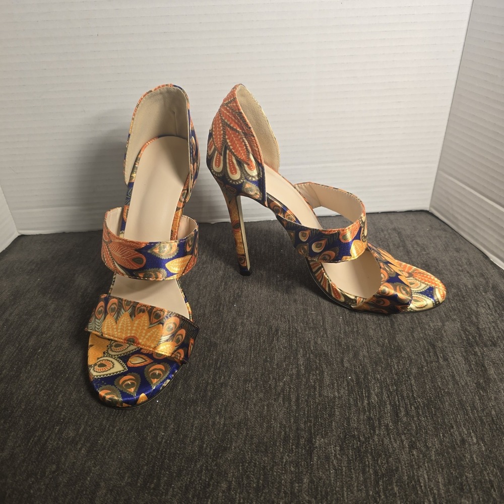 Peacock Print Satin Stiletto Sandals Orange Blue Paisley D'Orsay Heels Size 9.5